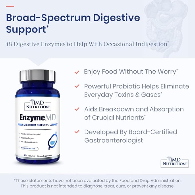 1MD Nutrition EnzymeMD - Digestive Enzymes Supplement - Doctor Formulated | 18 Plant-Based Enzymes - Gas &amp Bloating Support | 60 Capsules