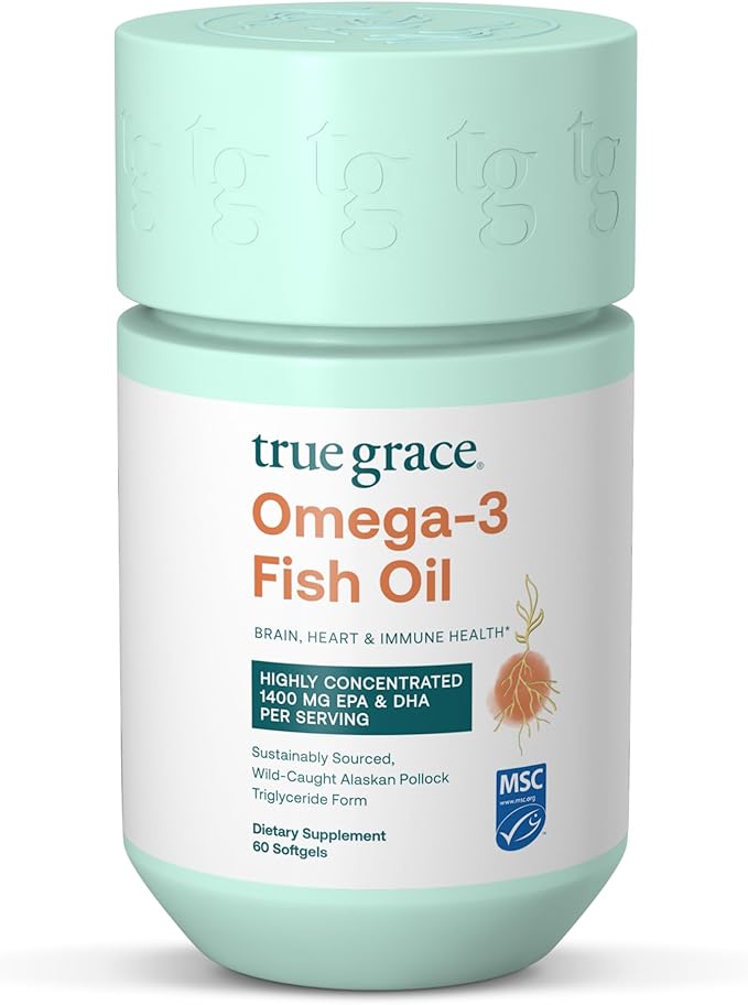 True Grace Omega-3 Fish Oil - 60 Softgels - 1400 mg EPA + DHA - Brain Heart Joint &amp Immune Health - Organic Gluten Free Soy Free