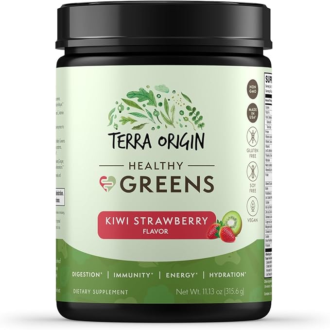 TERRA ORIGIN Healthy Greens Powder Blend | Superfoods Probiotics Enzymes Spirulina | for Immune &amp Digestive Gut Health Support | Energy &amp Wellness Boost | 30 Servings (Kiwi Strawberry)