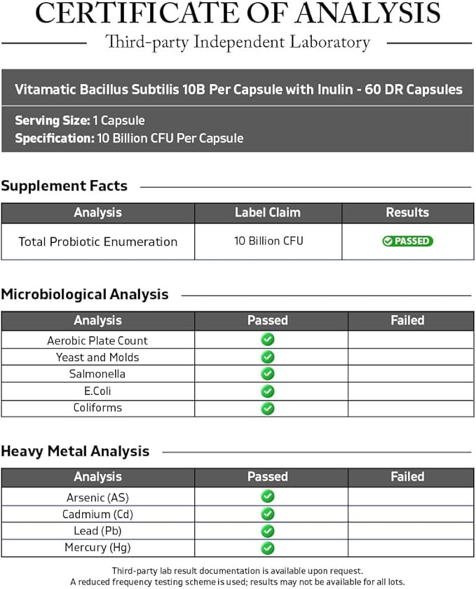 Vitamatic Bacillus Subtilis 10 Billion per DR Capsule - 60 Count - Digestive Gut &amp Immune Health Support - Made with Prebiotic Inulin Fiber-2 Pack