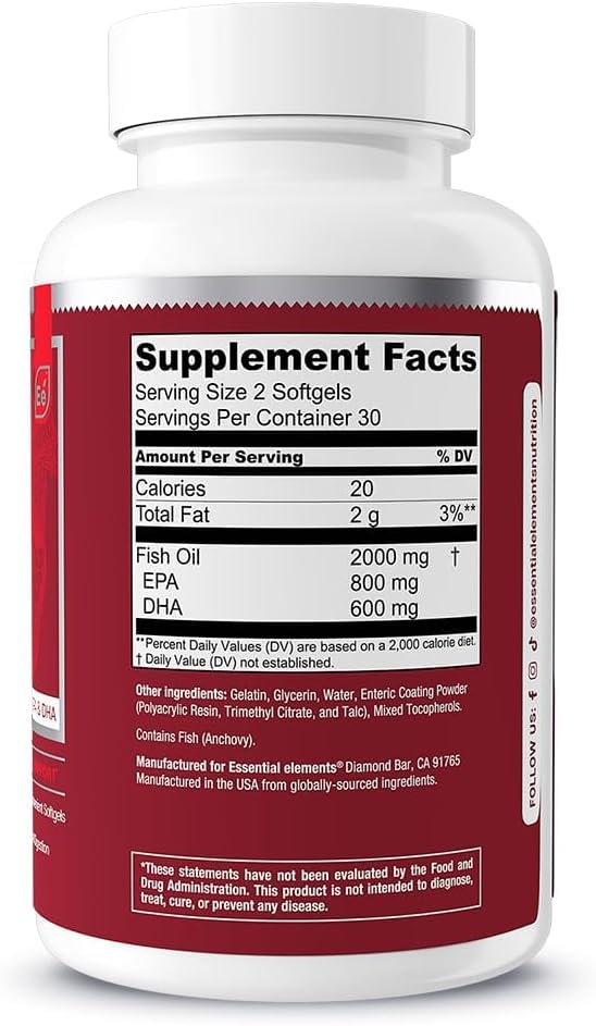 Essential Elements Omega-3 Fish Oil Supplement with EPA &amp DHA | Fatty Acids for Immune Heart &amp Cognitive Support | Omega-3 Fish Oil 120 Softgels (2-Pack)