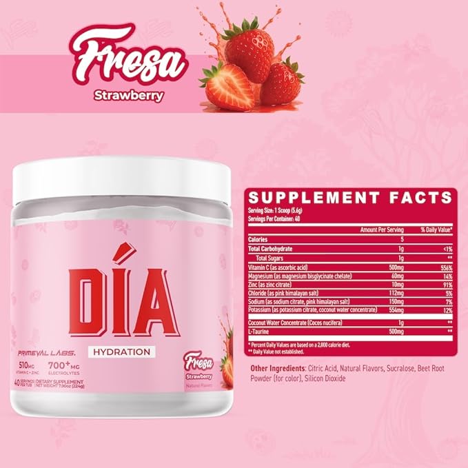 DIA Hydration Electrolyte + Immunity Powdered Drink Mix | Latino Aguas Frescas Flavors | Vitamin C Zinc &amp Taurine | Low Sugar 1 gram per serving | Daily Hydration Drink Mix | 40 Servings | Fresa