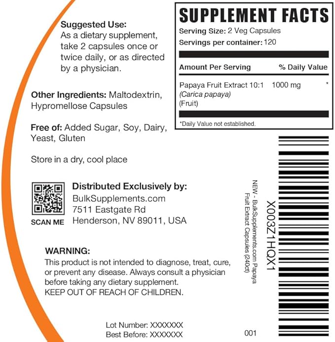 BulkSupplements.com Papaya Fruit Extract Capsules - from Carica Papaya Herbal Supplement - Gluten Free 1000mg 2 Capsules per Serving 240 Count (Pack of 1)