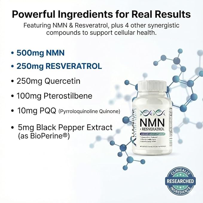 CogniTune NMN Supplement - NMN with Resveratrol Pterostilbene Quercetin Zinc &amp PQQ for NAD+ Cellular Energy - Longevity Support for Healthy Aging &amp Brain Function 1115mg