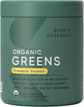 Sports Research® Organic Greens Superfood Powder w/Spirulina Chlorella Adaptogens Enzymes Probiotics &amp 8 VIT Bs for Gut &amp Mood Support* - Vegan Sugar-Free &amp Low-Cal Pineapple Coconut