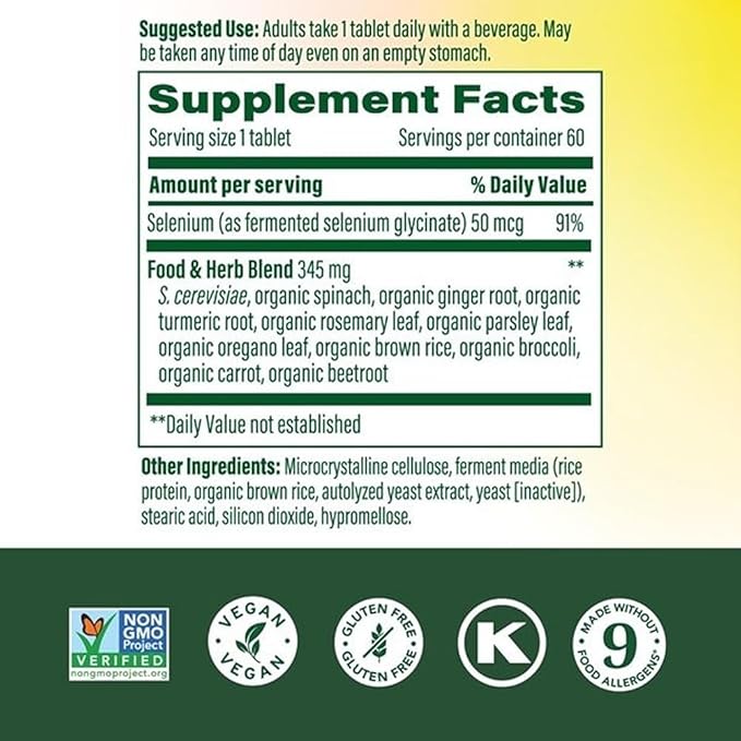 MegaFood Selenium - Selenium 50 mcg - Supplement with Food &amp Herb Blend - Immune Support - Vegan Non-GMO - Made Without 9 Food Allergens - 60 Tablets (60 Servings)