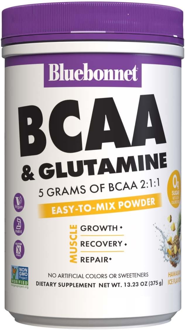 BlueBonnet Nutrition 5g BCAA 2:1:1 &amp 1000 mg Glutamine Powder – for Muscle Recovery &amp Hydration - Sugar Free Non-GMO Project Verified– Hawaiian Ice Flavor – 30 Servings