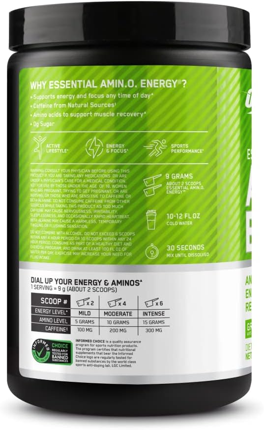 Optimum Nutrition Amino Energy - Pre Workout with Green Tea BCAA Amino Acids Keto Friendly Green Coffee Extract Energy Powder - Green Apple 30 Servings (Packaging May Vary)