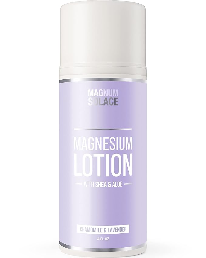 Magnum Solace Magnesium Lotion – Super Concentrated – Made with Aloe and Shea – For Leg Cramps Sore Muscles &amp Joints Rejuvenation – Safe for Kids Made in the USA (Chamomile &amp Lavender)