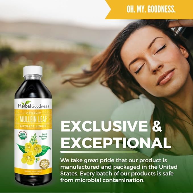 Herbal Goodness Mullein Drops for Lungs - Respiratory Support Mullein Leaf Extract for Lungs Bronchial &amp Lung Detox for Smokers Organic Wild Mullen as Tea Pills Tincture - Made in USA - 12 Fl