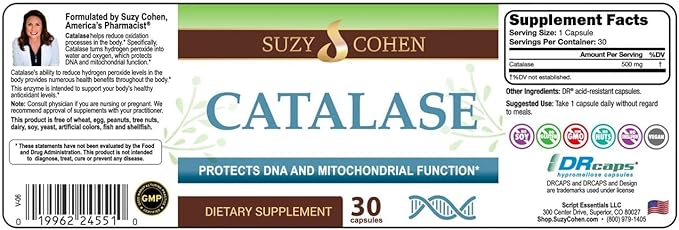 Script Essentials Suzy Cohen Catalase 12500 CATu Dietary Supplement Liver Enzyme Neutralizes Hydrogen Peroxide Supports Skin Hair and Overall Wellness 30 Delayed-Release Capsules