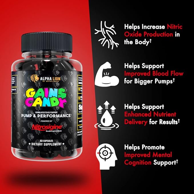ALPHA LION Gains Candy Supplement Pills for Muscle Pump &amp Blood Flow Nitric Oxide Booster Supports Mental Focus Use Daily to Upgrade Workout Performance 63 Capsules (Nitrosigine)