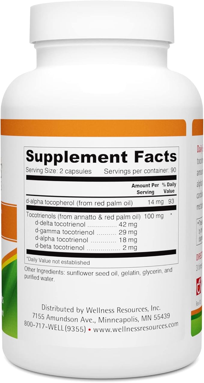 Wellness Resources Daily Super E Tocotrienol Complex - Full Spectrum Vitamin E with Delta Gamma &amp Alpha Tocotrienols for Antioxidant Protection Soy-Free Natural Source Non-GMO (180 Caps)