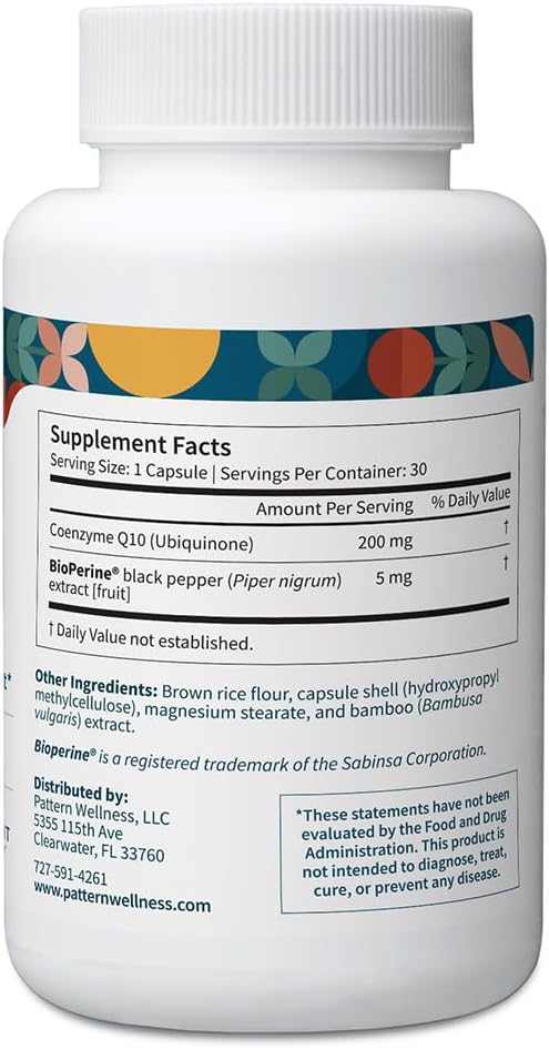 Pattern Wellness CoQ10 – 200mg Ubiquinone with BioPerine® Black Pepper Extract – Cellular Energy &amp Vitality Support – Non-GMO – 30 Vegan Capsules*
