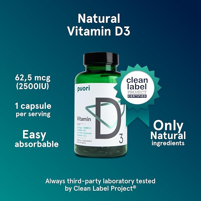 Puori Vitamin D3 Softgels 2500 IU (62.5 mcg) - Fast Absorbing Vitamin D3 Supplements for Immune System Support Bone Health &amp Density and Healthy Muscle Functions - Non-GMO &amp Gluten-Free - 12