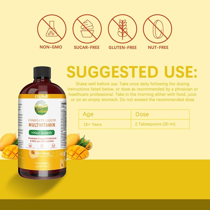 ESUNM Complete Liquid Multivitamin + Hair Growth Promotes Energy Metabolism&amp Skin and Hair Function| Vitamin C D | B Vitamins | Help to Thicker Hair Wrinkles Fine Lines Skin Care (16.23 Fl Oz)
