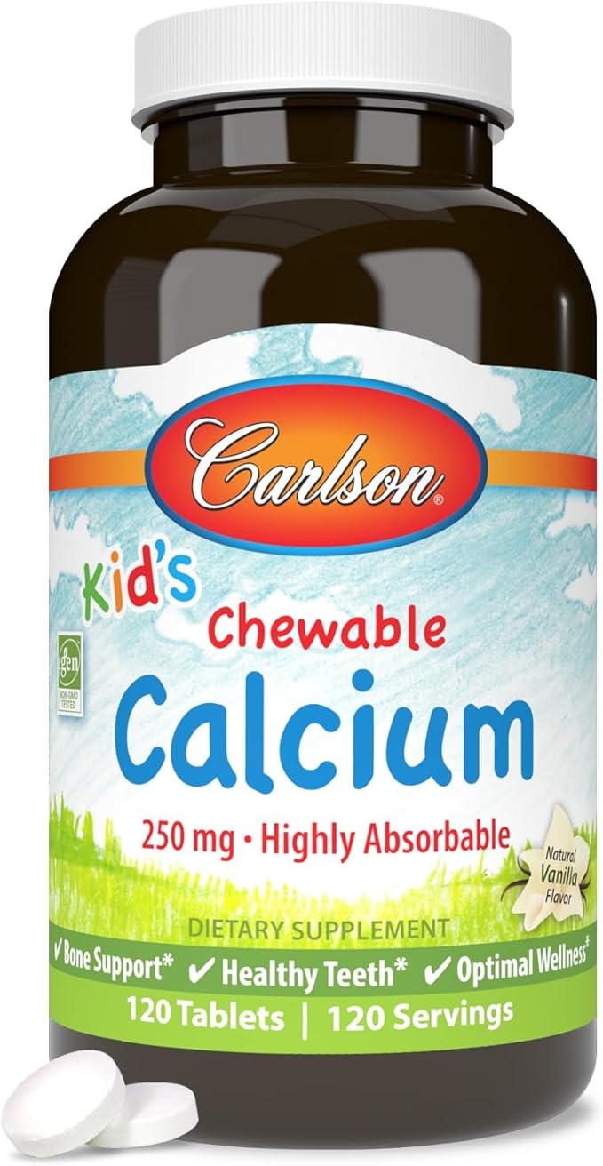 Carlson - Kid's Chewable Calcium 250 mg Highly Absorbable Bone &amp Teeth Support Optimal Wellness Natural Vanilla Flavor 120 Tablets