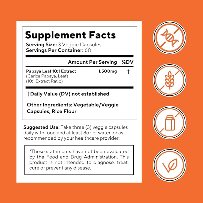 Papaya Leaf 10:1 Extract - Natural Digestive Enzymes for Digestion Bloating Relief Immune Support - 1500mg Per Serving - 180 Veggie Capsules - Non-GMO Gluten-Free Vegan-Friendly Supplement