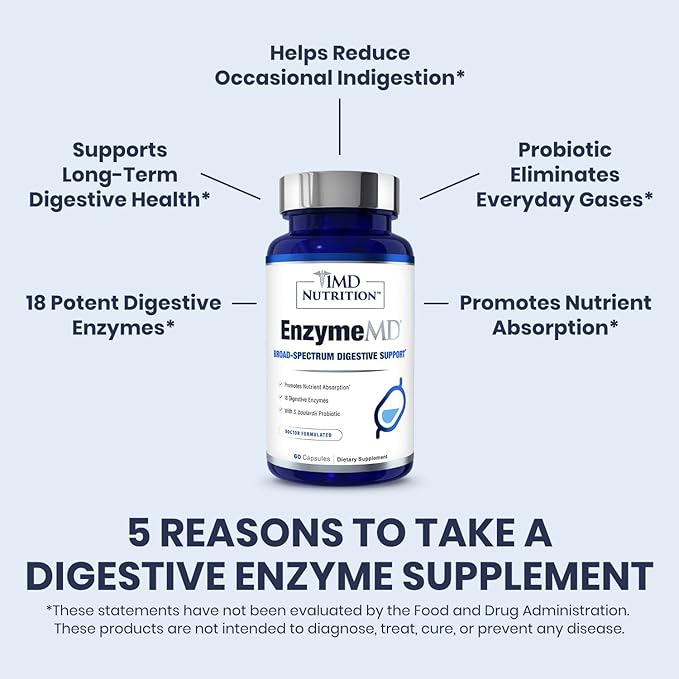 1MD Nutrition EnzymeMD - Digestive Enzymes Supplement - Doctor Formulated | 18 Plant-Based Enzymes - Gas &amp Bloating Support | 60 Capsules