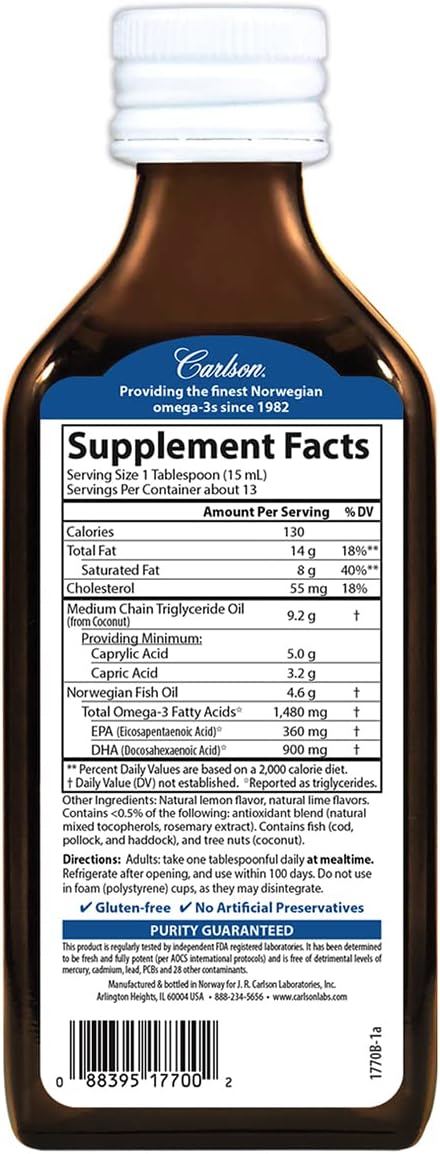 Carlson - MCT &amp Omega-3 1480 mg Omega-3s 9200 mg MCTs Keto-Friendly Caprylic &amp Capric Acids Energy Production Fat Metabolism Lemon-Lime 200 mL (6.7 Fl Oz)