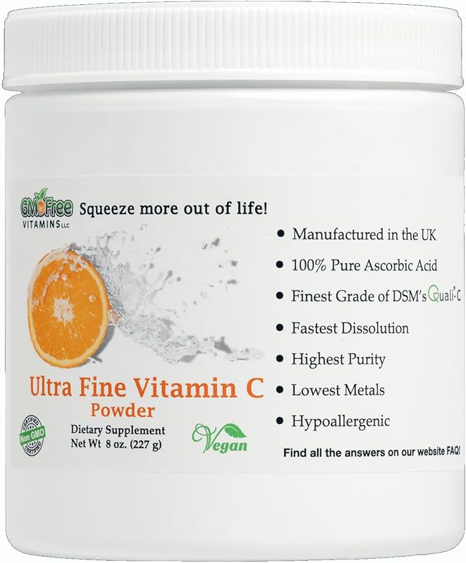 GMO Free Vitamins - Ultra Fine Non GMO Vitamin C Powder Made in UK - Highest Grade of Quali-C L-Ascorbic Acid for Maximum Bioavailability – Vegan (8 oz.)