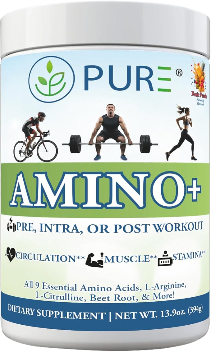 PURE® Amino+ Essential Amino Acids Powder - 30 Servings 500g - Full Spectrum EAA with L-Arginine L-Citrulline &amp Beet Root - Muscle Recovery &amp Hydration Drink - Fruit Punch Flavor Made in US