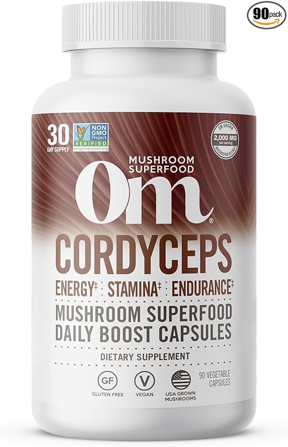 OM MUSHROOM SUPERFOOD Cordyceps Mushroom Capsules Superfood Supplement 90 Count 30 Days Organic Energy Supplement for Stamina and Endurance