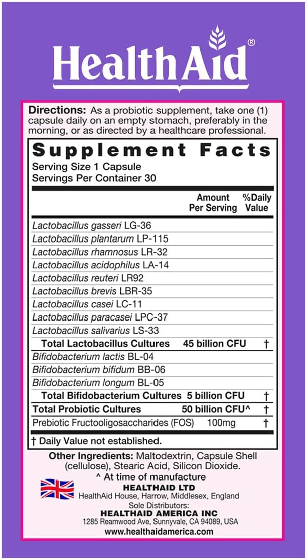 HealthAid Women's Probiotic 50 Billion CFU + Prebiotic 30‑Count Daily Capsule │ Acid &amp Bile‑Resistant Gluten‑Free Vegetarian Digestive &amp Feminine Balance Support