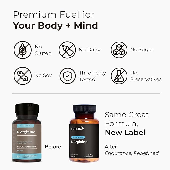 Endurance Products ENDUR - L-Arginine - 350 mg - Blood Flow &amp Heart Function Support - High-Potency - Supports Nitric Oxide Production for Overall Blood Flow &amp Vascular Health - 180 Tablets
