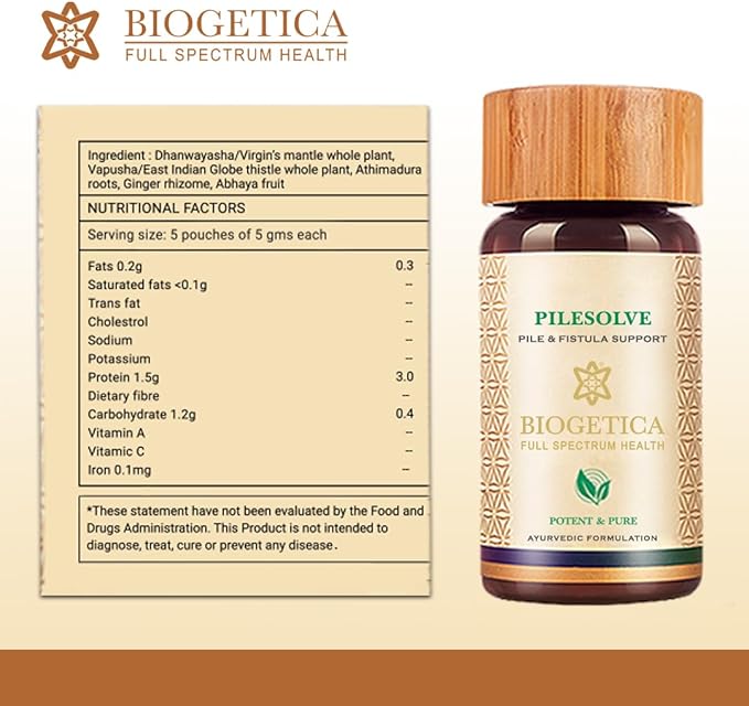 Biogetica Pilesolve Natural Herbal Supplement with Licorice and Ginger - Non-GMO - 100% Vegan Ayurveda Supplement Powder