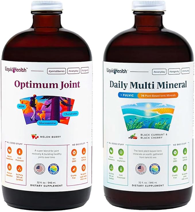 LIQUIDHEALTH Optimum Joint Glucosamine Chondroitin Supplement &amp Daily Multi Mineral Multivitamin Bundle for Men &amp Women - Sea Trace Minerals Bone &amp Joint Health Immune Support - Made in