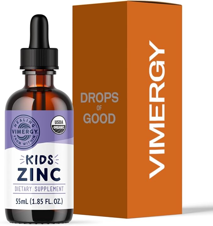 VIMERGY Kids USDA Organic Liquid Zinc Sulfate – for Children &amp Adolescence 1-18 Years Old Fast-Absorbing Immune Support* – Promotes Healthy Bones Hair &amp Skin. Kosher Vegan Non-GMO – 55 mL