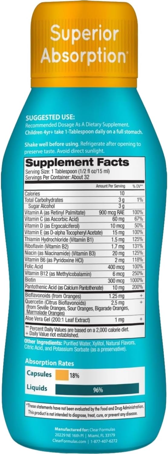 Sugar Free Liquid Multivitamin for Kids - High Absorption Kids Liquid Multivitamin with Vitamins A C D E &amp B Complex Plus Quercetin Immune Support Complex - 3rd Party Tested - Orange Flavor (1 Mon
