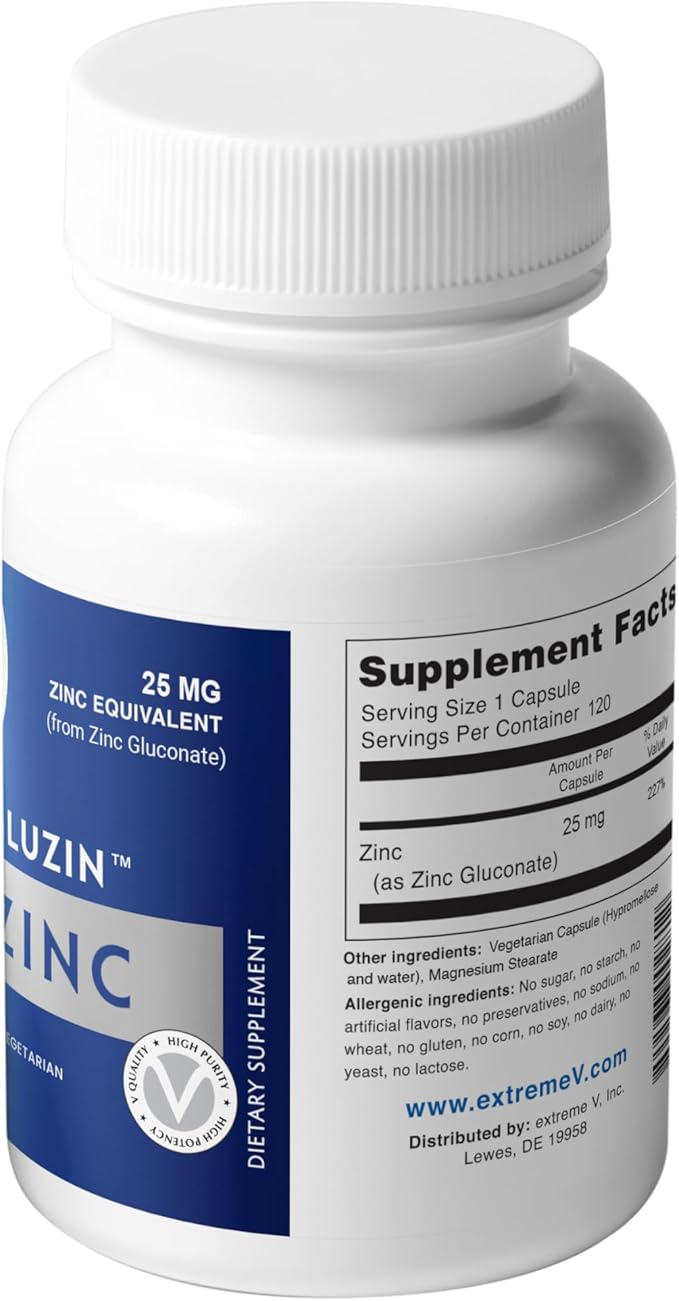 Gluzin™ Zinc Supplement 25 mg | Zinc Gluconate | Clean-Label 120 Small Vegetarian Capsules | Gentle Low-Dose Option for Daily Support