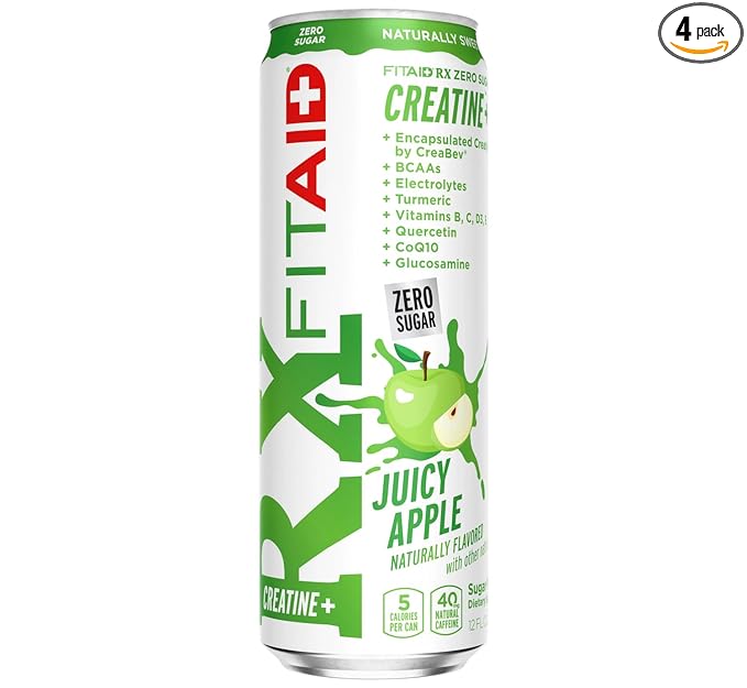 FITAID RX Zero Sugar Encapsulated Creatine Workout Recovery Drink All-In-One Blend BCAAs Glucosamine Turmeric B-Complex Electrolytes Juicy Apple 12 Fl Oz (Pack of 4)