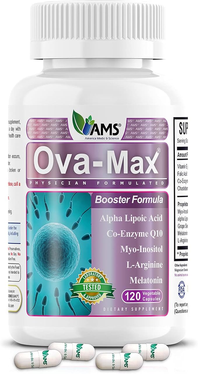 America Medic &amp Science OVA-Max Prenatal Vitamins for Women (120 Capsules) Boosts Fertility and Ovulation | Pregnancy Aid and Female Preconception Supplements with CoQ10 Folic Acid and Myo-Inosi