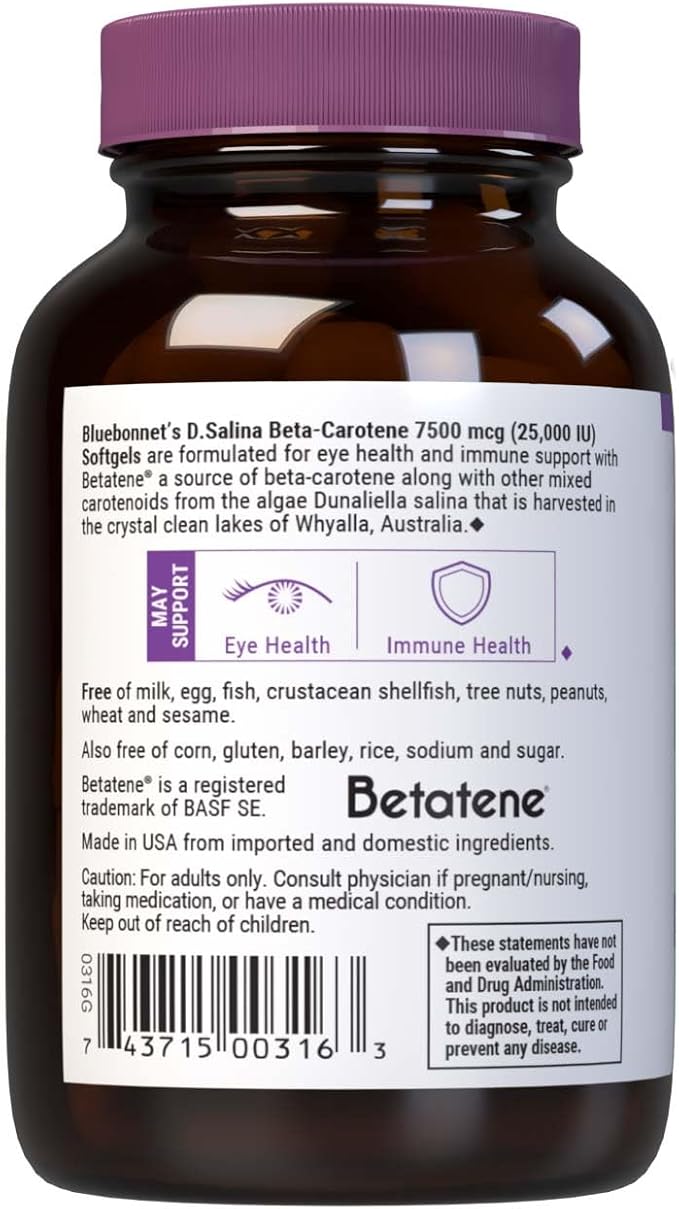 BlueBonnet Mixed Beta-Carotene 25000 IU (7500 mcg) Eye Vitamins - Vitamin A Supplement D. Salina Algae Beta-Carotene Lutein &amp Zeaxanthin for Eye Health &amp Immune Support - Gluten-Free - 90 So