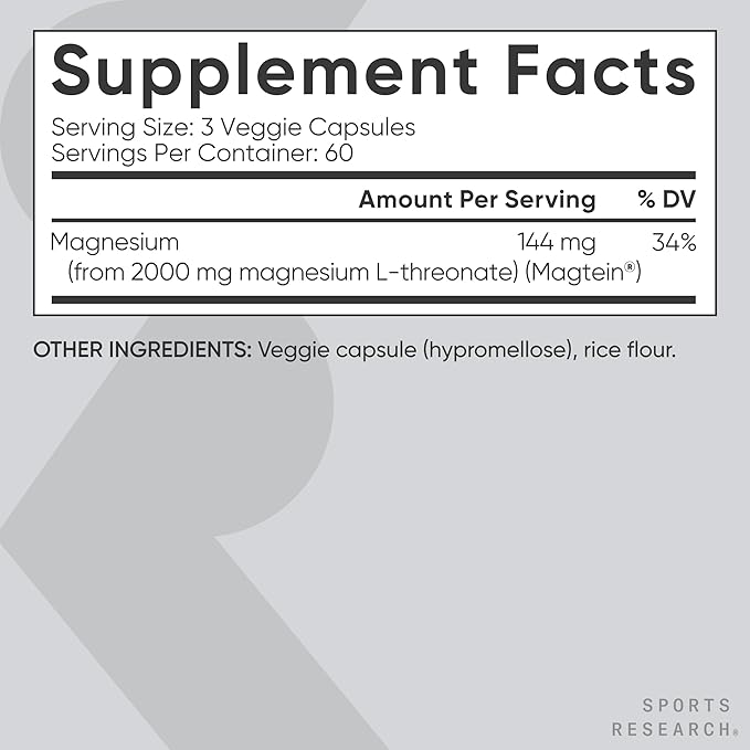 Sports Research® Magnesium L-Threonate Capsules 2000mg - High-Absorption Magtein® for Enhanced Brain Health Memory Focus &amp Restful Sleep Support - Vegan · Non-GMO · Gluten Free - 180 Count