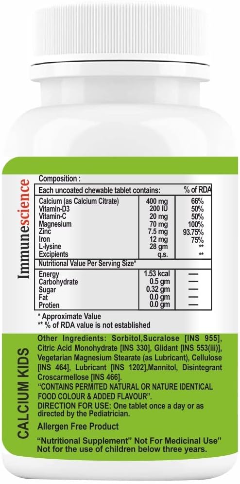 Verem Calcium for Kids with Vitamin D3 (VIT d) Magnesium Zinc Supplement Vitamin C L-lysine Multivitamin for Kids Strong Bones Immunity Growth &amp Development- 120 Tablets (Pack of 4)