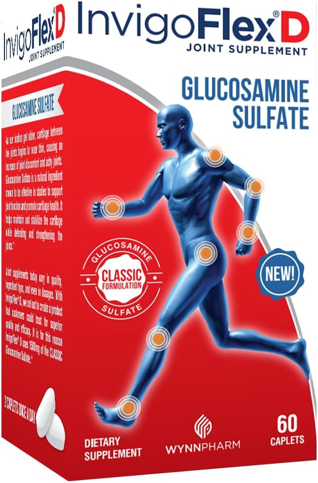 INVIGOFLEX® D - 1500mg of Glucosamine Sulfate (Classic Formulation) - Premium Joint Supplement for Knees Hands Back &amp Hip Support D: Glucosamine Sulfate Caplets - 60 Ct