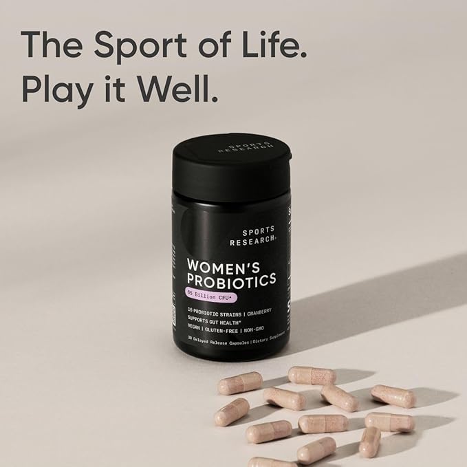 Sports Research Women's Probiotics with Prebiotics 65 Billion CFU - Vegan Capsules for Gut Health &amp Digestive Support Probiotics for Women with Cranberry - Non-GMO Verified &amp Gluten Free - 3