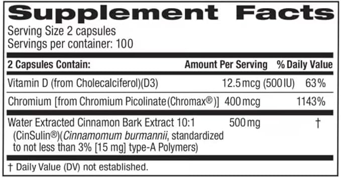 Advanced Strength Cinssulin Cinnamon Chromium Picolinate Vitamin D3 Cinnamon 500 Mg Chromium Picolinate 400 Mcg Vitamin D3 500 Iu 200 Capsules
