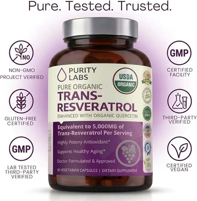 Purity Labs Trans-Resveratrol Supplement 5000 mg Equivalent per Serving with Quercetin USDA Organic High Potency Antioxidant Vegan Capsules 90 Count