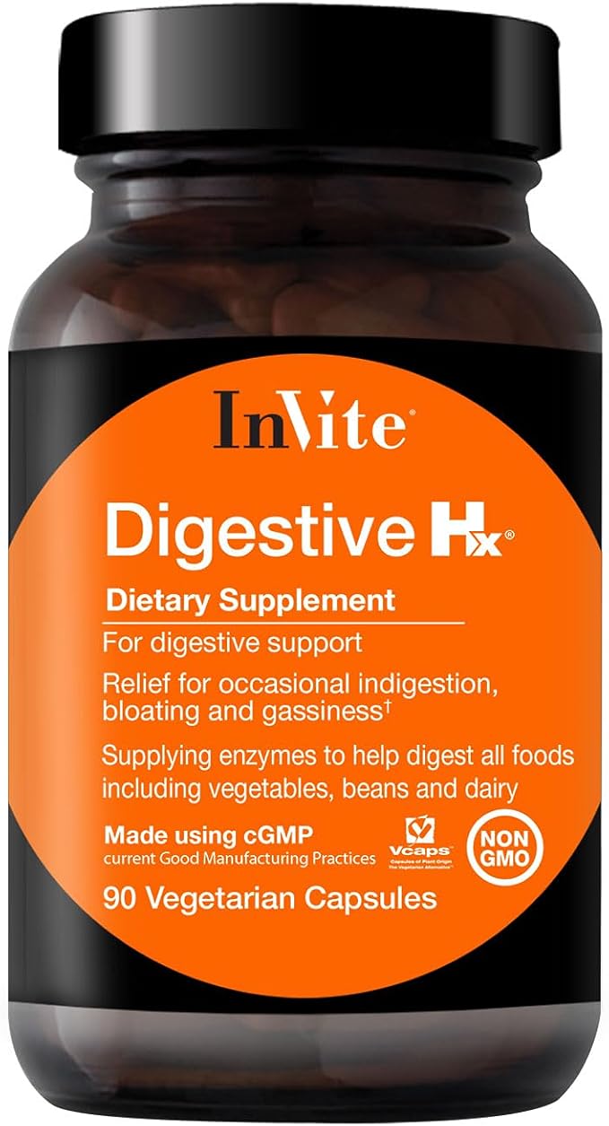 Invite Health Digestive Hx® - Improves Digestion and Offers Relief for Occasional Indigestion Bloating and Gas -Contains Pancreatic Enzymes Pepsin and Betain HCL - 90 Vegetarian Capsules (2-Pack)