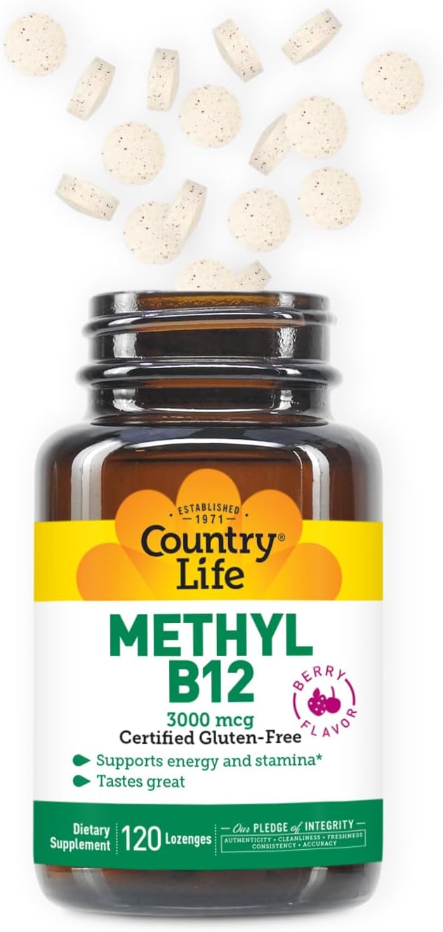 Country Life Methyl B12 3000 mcg Lozenges Supports Energy &amp Stamina Metabolism &amp Red Blood Cell Production Berry Flavor 120 Vegan Lozenges Certified Gluten Free &amp Halal