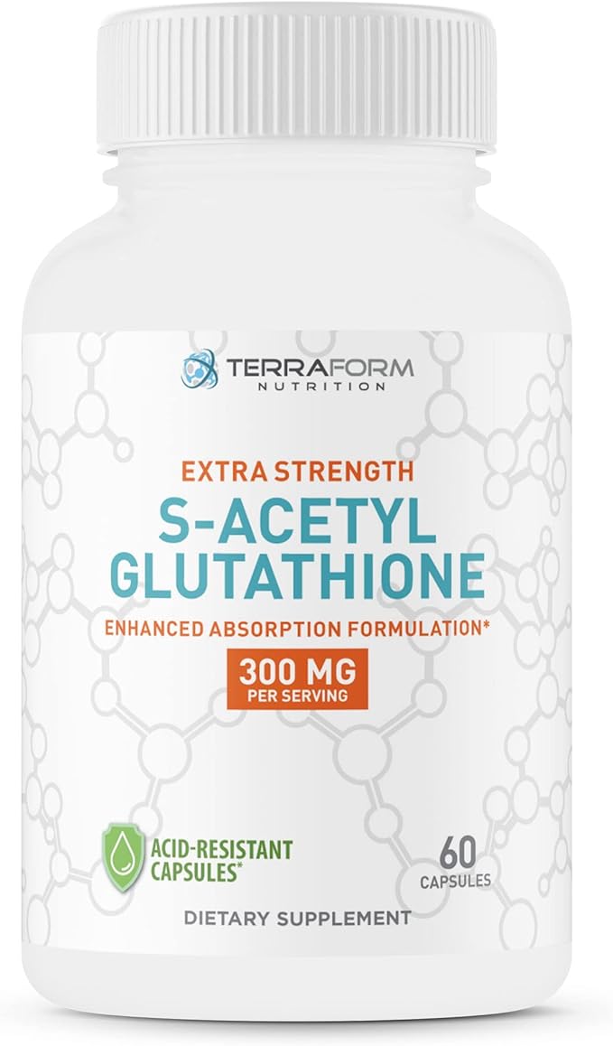 TerraForm Nutrition Extra Strength S-Acetyl Glutathione 300mg – 60 Acid-Resistant Capsules - Premium Glutathione Supplement - Highly Bioavailable &amp Stable Form SAG Supplement – Made in USA