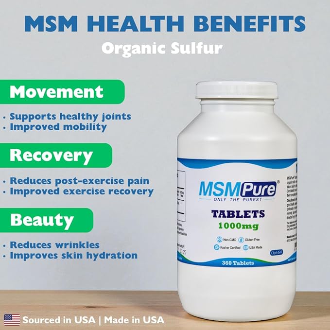 KALA HEALTH MSMPure MSM Tablets – 1000 mg US-Made MSM per Tablet for Joint Health Skin Appearance Hair &amp Nail Support – Coated for Easy Swallowing Tasteless – 360 Count