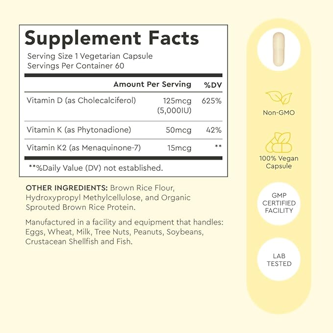 Alaya Naturals Vitamin D3 K2 Supplement – 5000 IU D3 50 mcg K1 15 mcg K2 MK-7 – High Absorption Capsules for Bone &amp Immune Support Non-GMO Vegetarian Capsules 60 Count