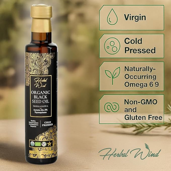 Herbal Wind Black Seed Oil: Cold Pressed USDA Organic Black Seed Oil Liquid - Turkish Nigella Sativa Black Cumin Seed Oil with Min. 2% Thymoquinone for Immune Support Joint Health and More - 8 Fl Oz