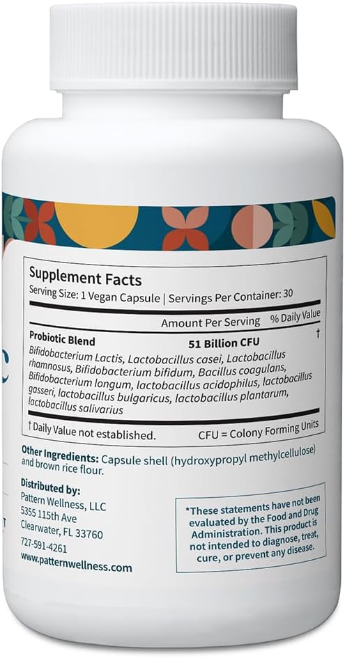 Pattern Wellness Probiotic Supplement - 51 Billion CFU - Supports Digestive Balance &amp Gut Wellness - Mindfully Sourced Non-GMO - 30 Vegan Capsules